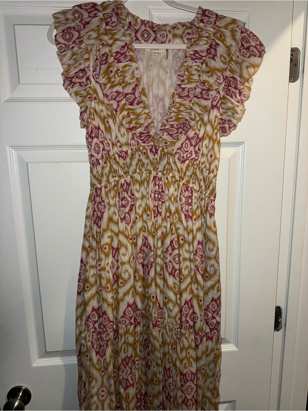 Elan Cream Maxi Dress with Pink & Mustard Ikat Print